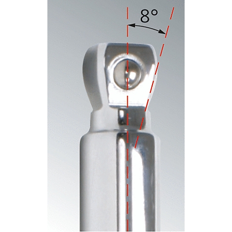 Nahaufnahme eines metallischen Teils mit einer Winkelanzeige von 8 Grad.